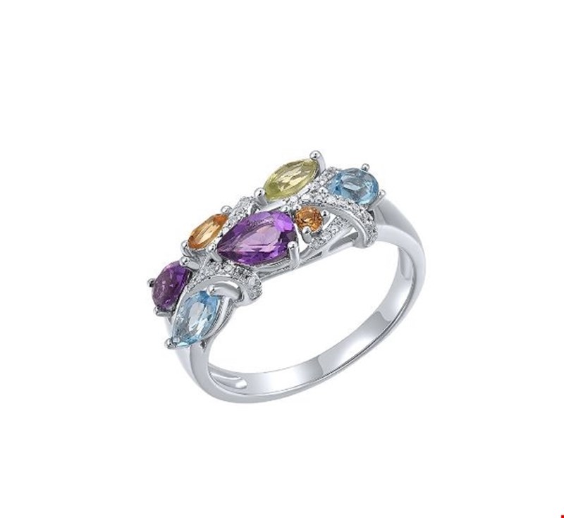 Δαχτυλίδι Secret Garden από λευκό χρυσό 14K με swiss blue topaz, αμέθυστο, περίδοτο, σιτρίν και διαμάντια μπριγιάν