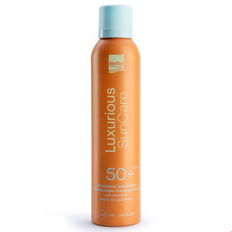 Συσκευασία του προϊόντος Luxurious SunCare Antioxidant Sunscreen Invisible Spray SPF50+ της InterMed.