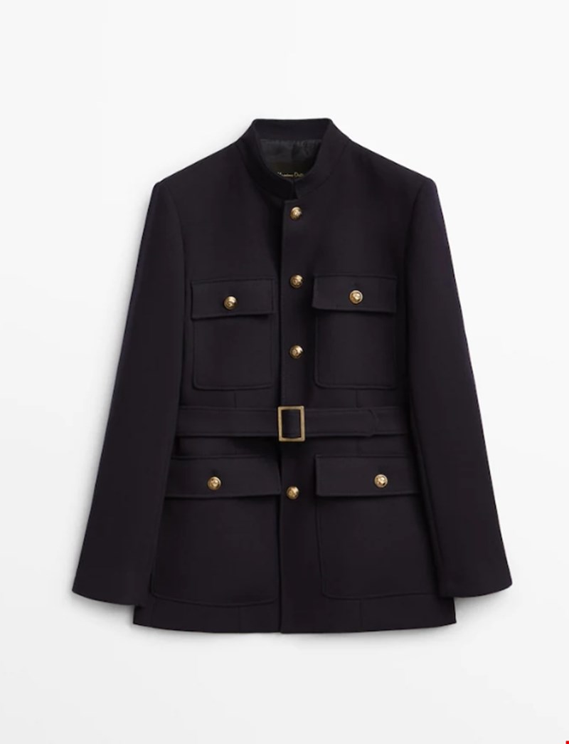 Ναυτικό μπλε σακάκι με ζώνη και κουμπιά Massimo Dutti