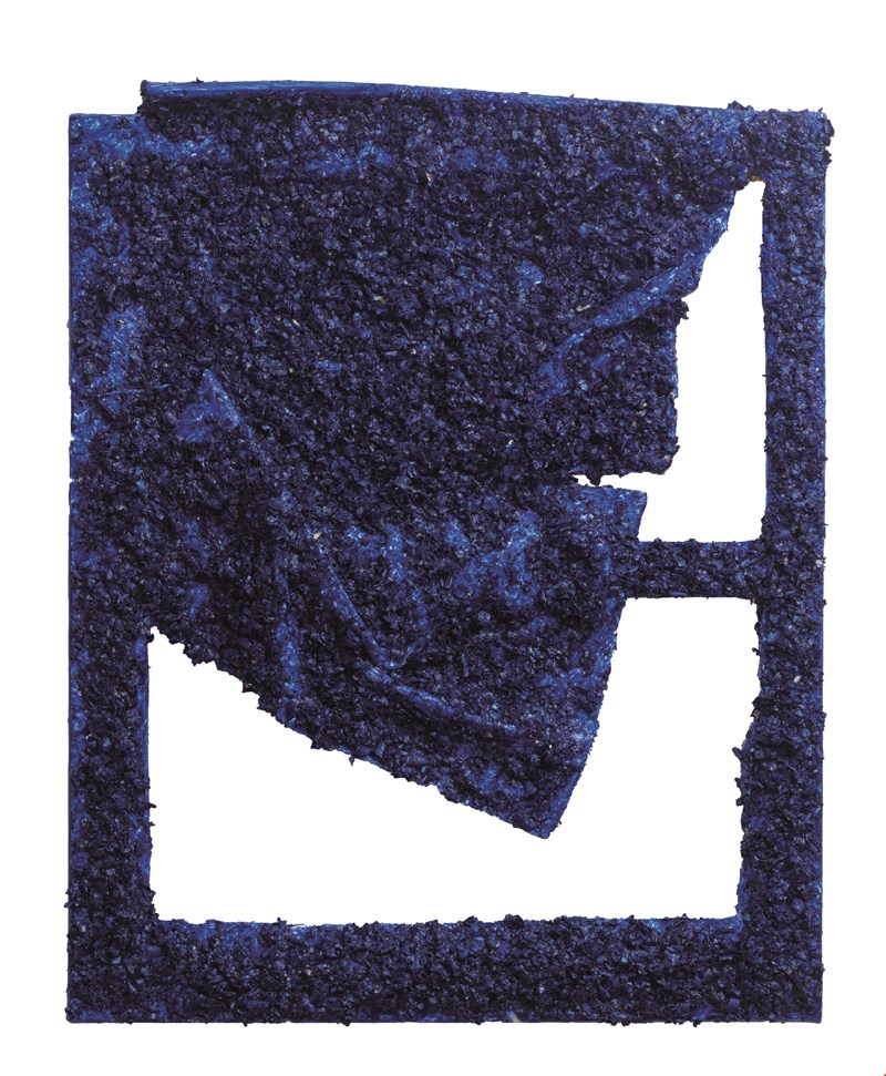 Blue Window (2024), Wood shavings and acrylics on canvas