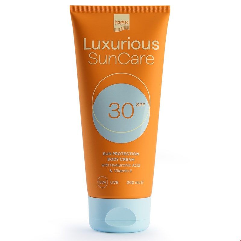 Συσκευασία του προϊόντος Luxurious SunCare Body Cream SPF30 της InterMed.