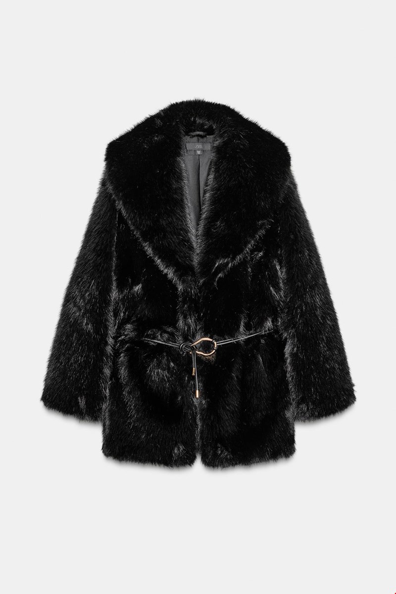 Παλτό με συνθετική γούνα και ζώνη Zara