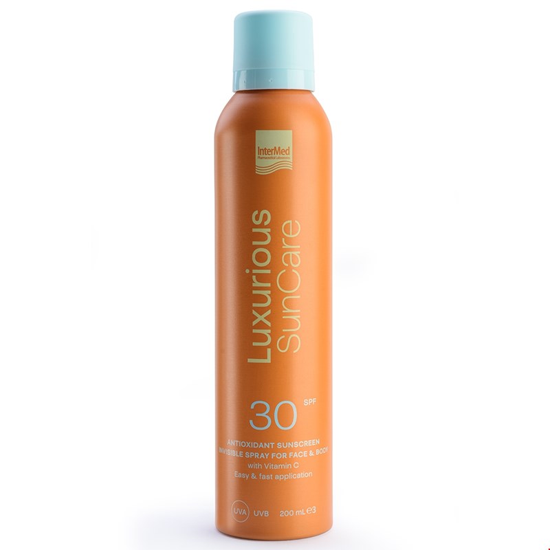 Συσκευασία του προϊόντος Luxurious SunCare Antioxidant Sunscreen Invisible Spray SPF30 της InterMed.