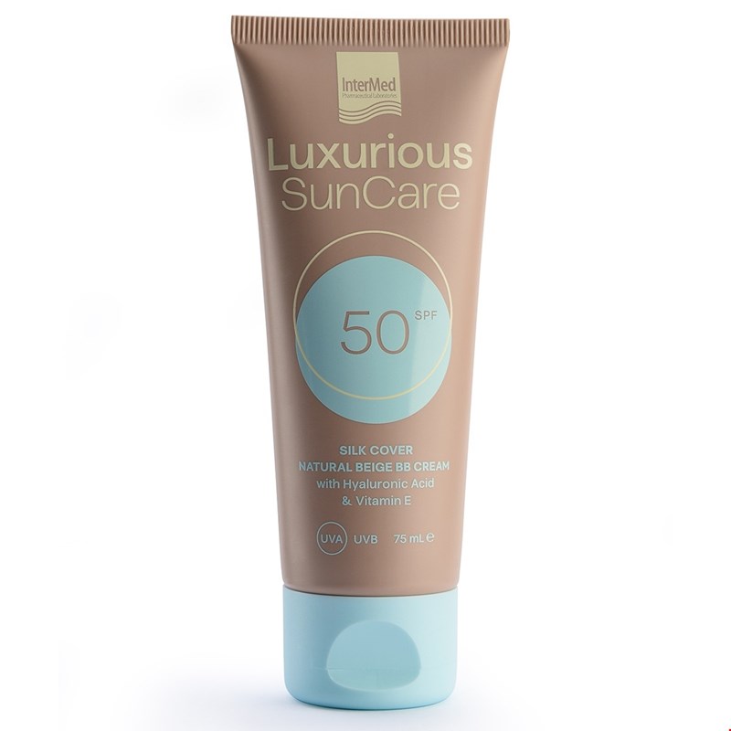 Συσκευασία του προϊόντος Luxurious SunCare Silk Cover with Hyaluronic Acid SPF50 της InterMed.