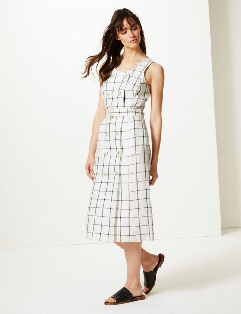 Pure Linen Checked Relaxed Midi Dress