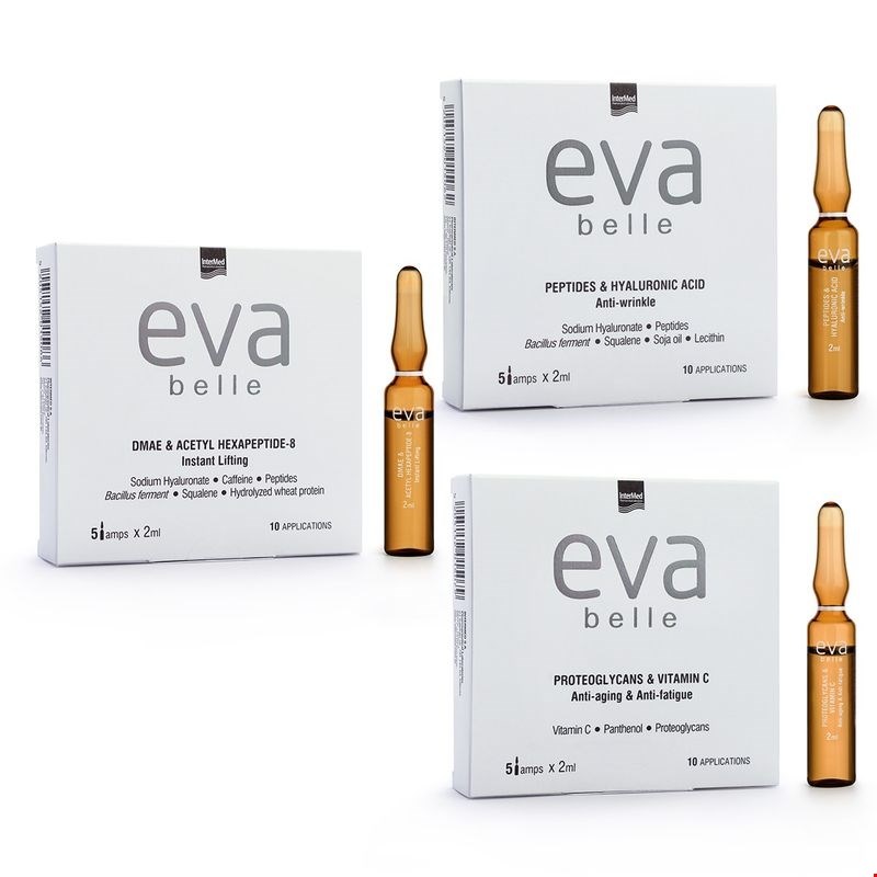 Συσκευασίες των προϊόντων Eva Belle Αμπούλες από την InterMed.