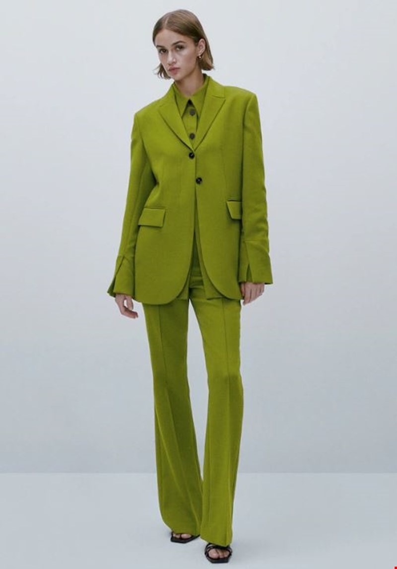 Πράσινο κοστούμι με μακρύ blazer και παντελόνι, Massimo Dutti