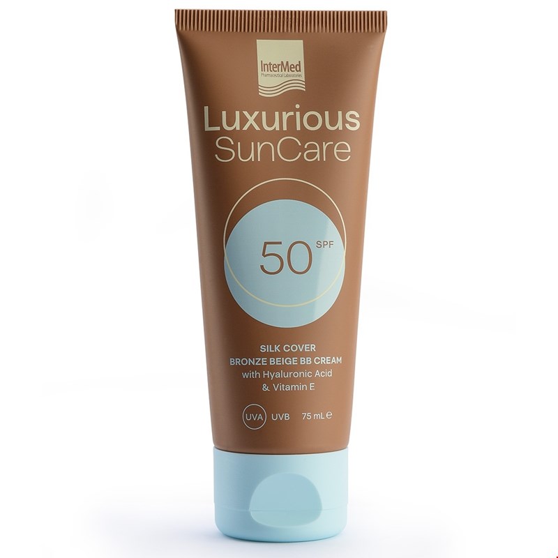 Συσκευασία του προϊόντος Luxurious SunCare Silk Cover Bronze with Hyaluronic Acid SPF50 της InterMed