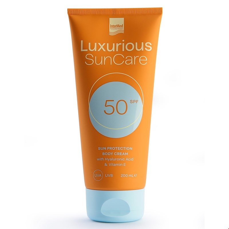 Συσκευασία του προϊόντος Luxurious SunCare Body Cream SPF50 της InterMed.