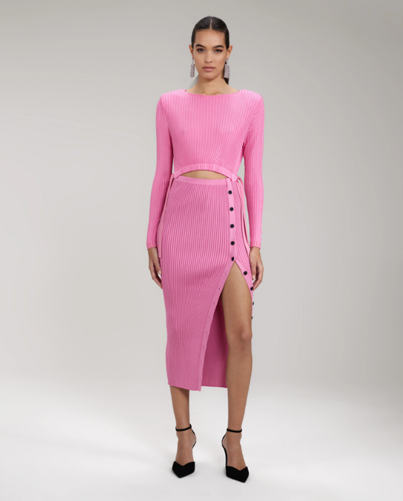 Pink Viscose Ribbed Knit Midi Dress Self Portrait
