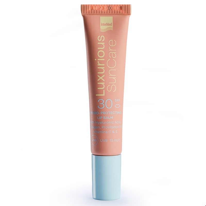 Συσκευασία του προϊόντος Luxurious SunCare Protective & Hydrating Lip Balm SPF30 της InterMed.