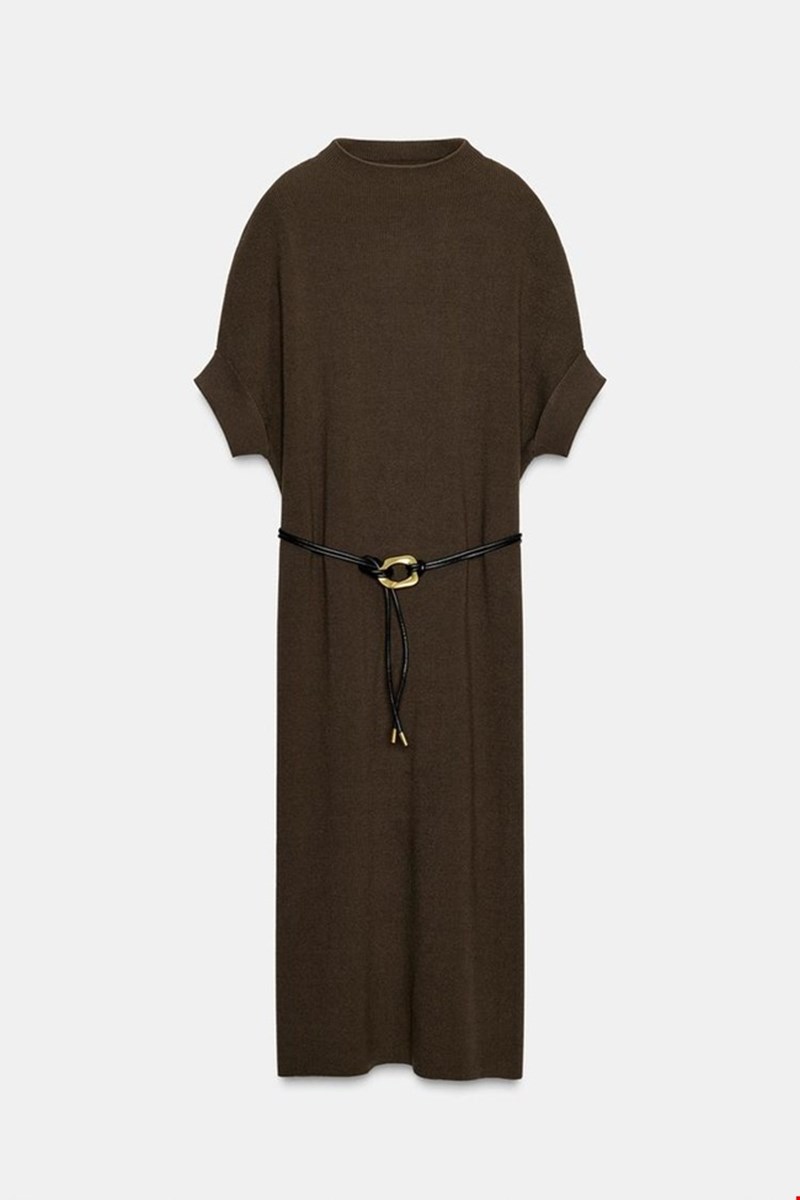 Πλεκτό καφέ φόρεμα με ζώνη, Zara