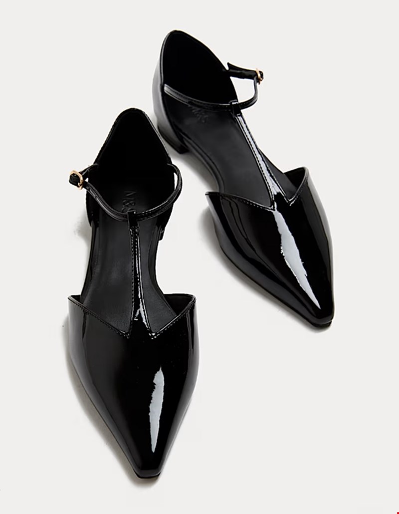 Φλατ λουστρινένιες μυτερές μπαλαρίνες με μπαρέτα T, Marks&Spencer