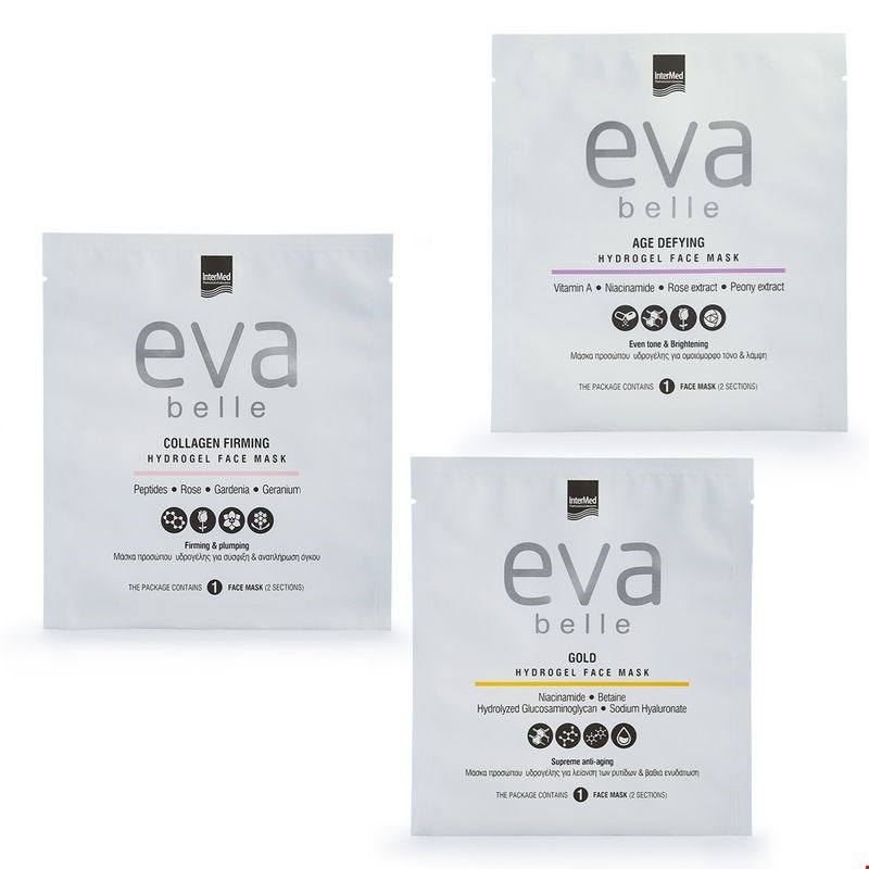 Συσκευασίες των προϊόντων Eva Belle HYDROGEL FACE MASK από την InterMed.