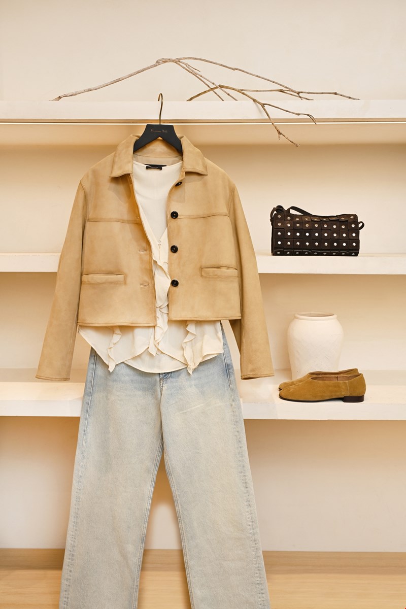 Κοντό τζάκετ από σουέτ δέρμα με γάζια Massimo Dutti