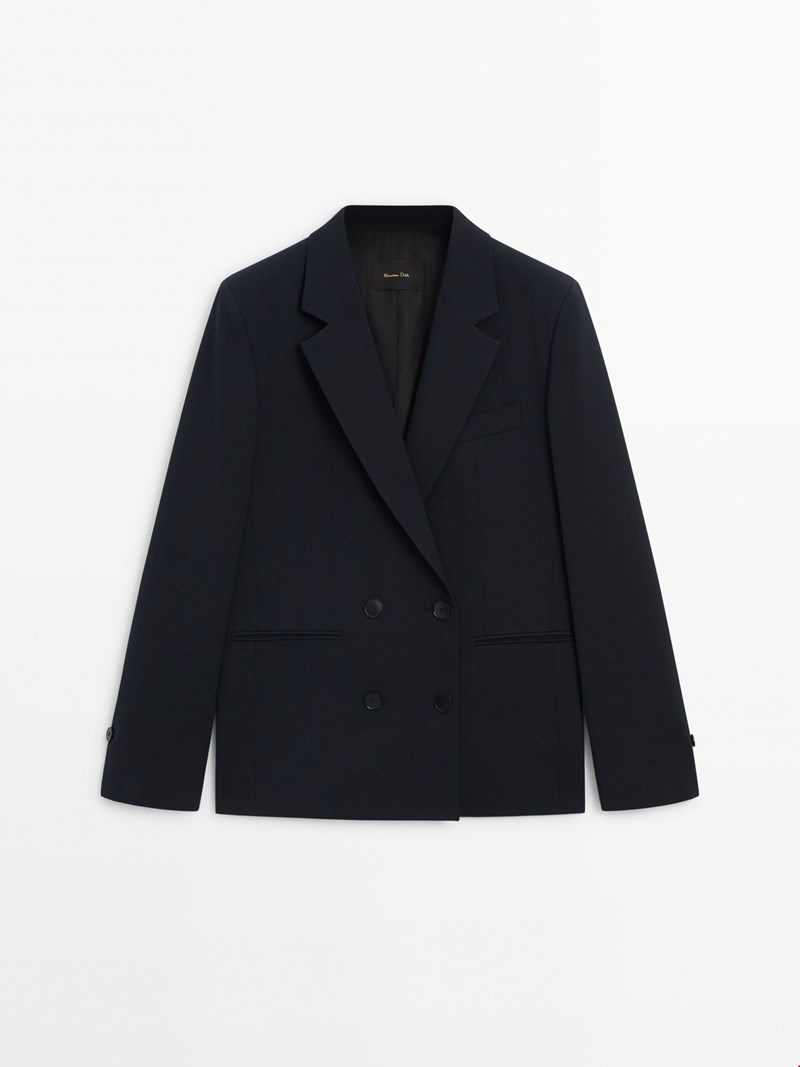 Ναυτικό μπλε σταυρωτό blazer με κουμπιά, Massimo Dutti